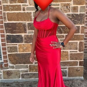 Mori Lee Red Halter Prom Gown with Sheer Corset